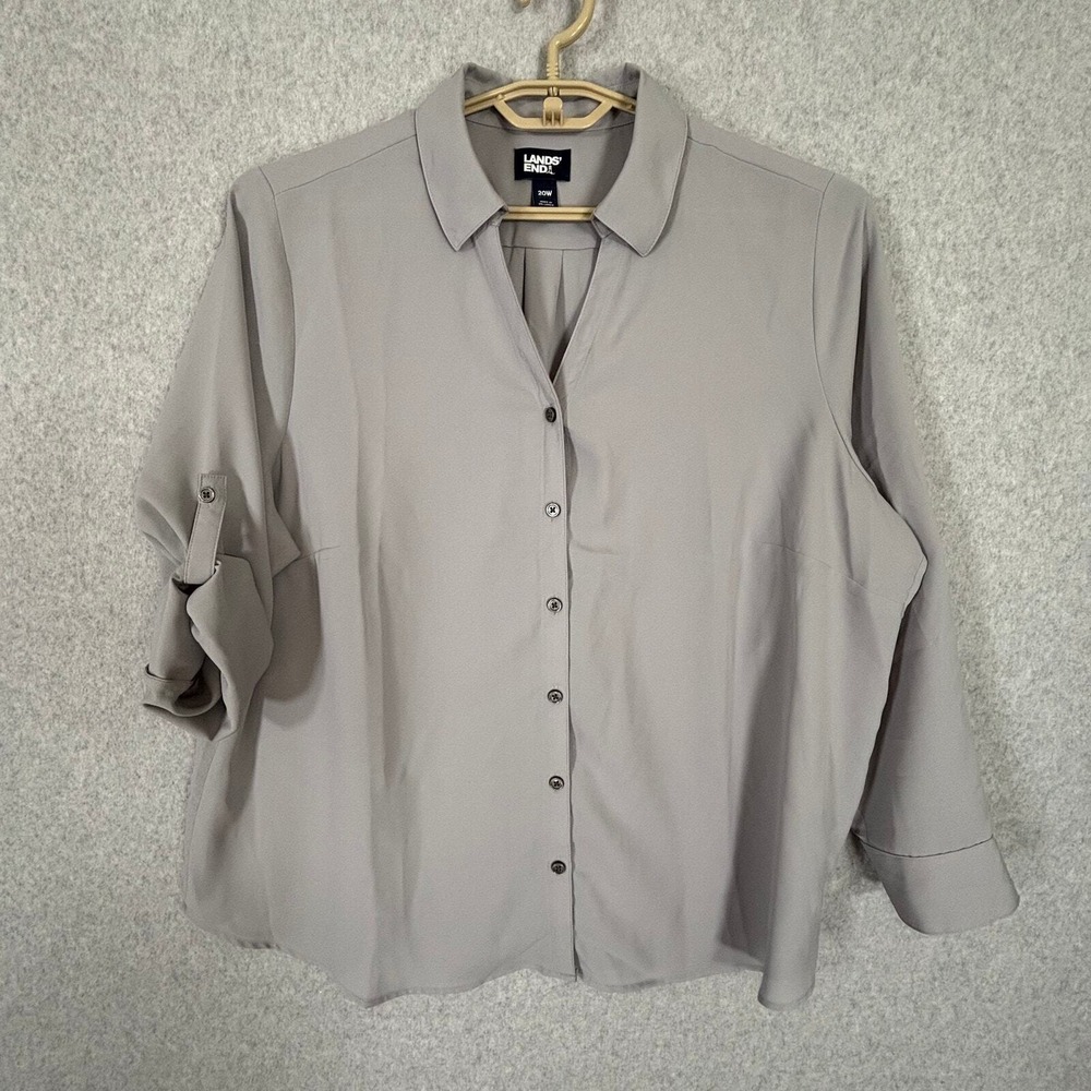 Lands End Blouse Women 20 Gray Collar Button Chiffon V Neck Career Office Casual
